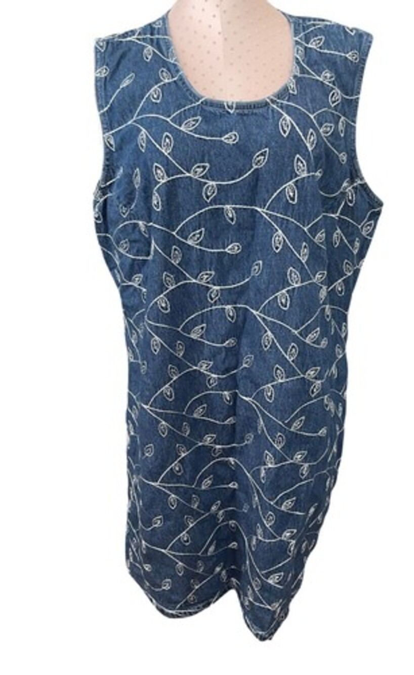 Vintage Eric Charles Denim Embroidered White Leaves Design Dress Size 1X